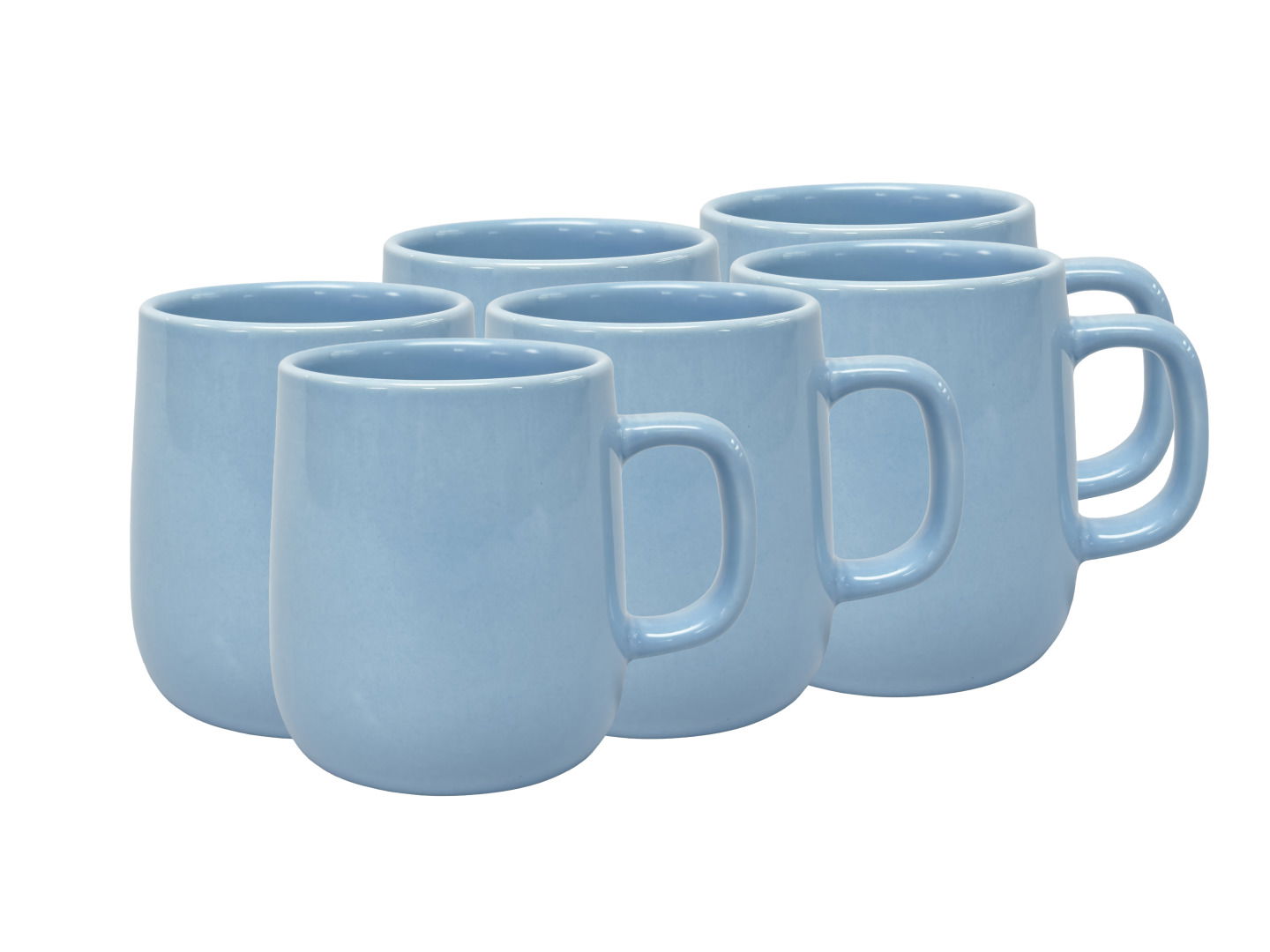 Sechs hellblaue Kaffeebecher in einer diagonalen Anordnung, seitliche Perspektive