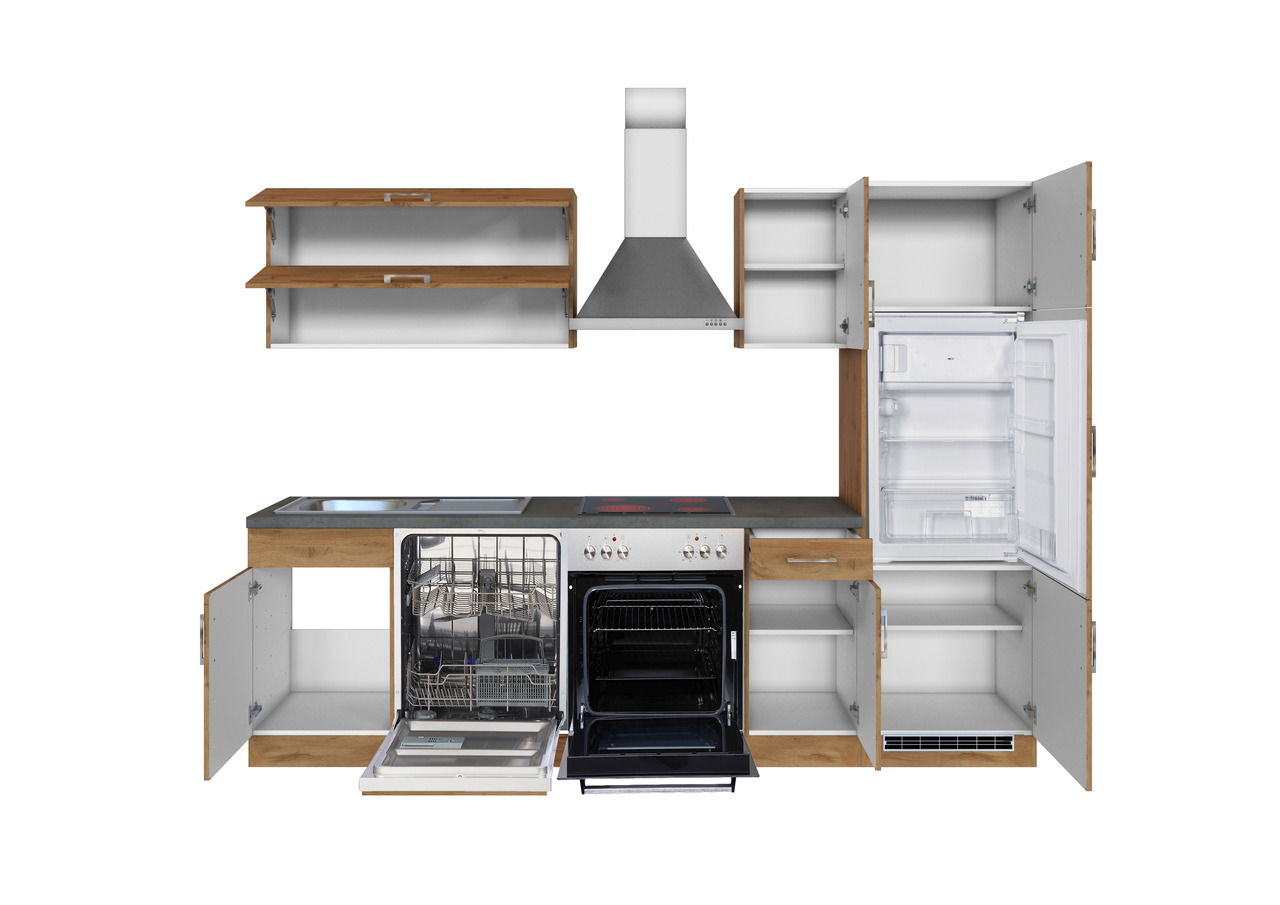 Frontale Ansicht einer modernen Küchenzeile mit offenen Schränken, eingebautem Herd, Geschirrspüler und Kühlschrank.