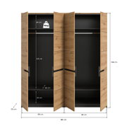 Geöffneter Kleiderschrank in Holzoptik mit schwarzem Innenraum, zwei Abteilen und Maßangaben (B 180 cm, H 198 cm, T 59 cm), Frontansicht.