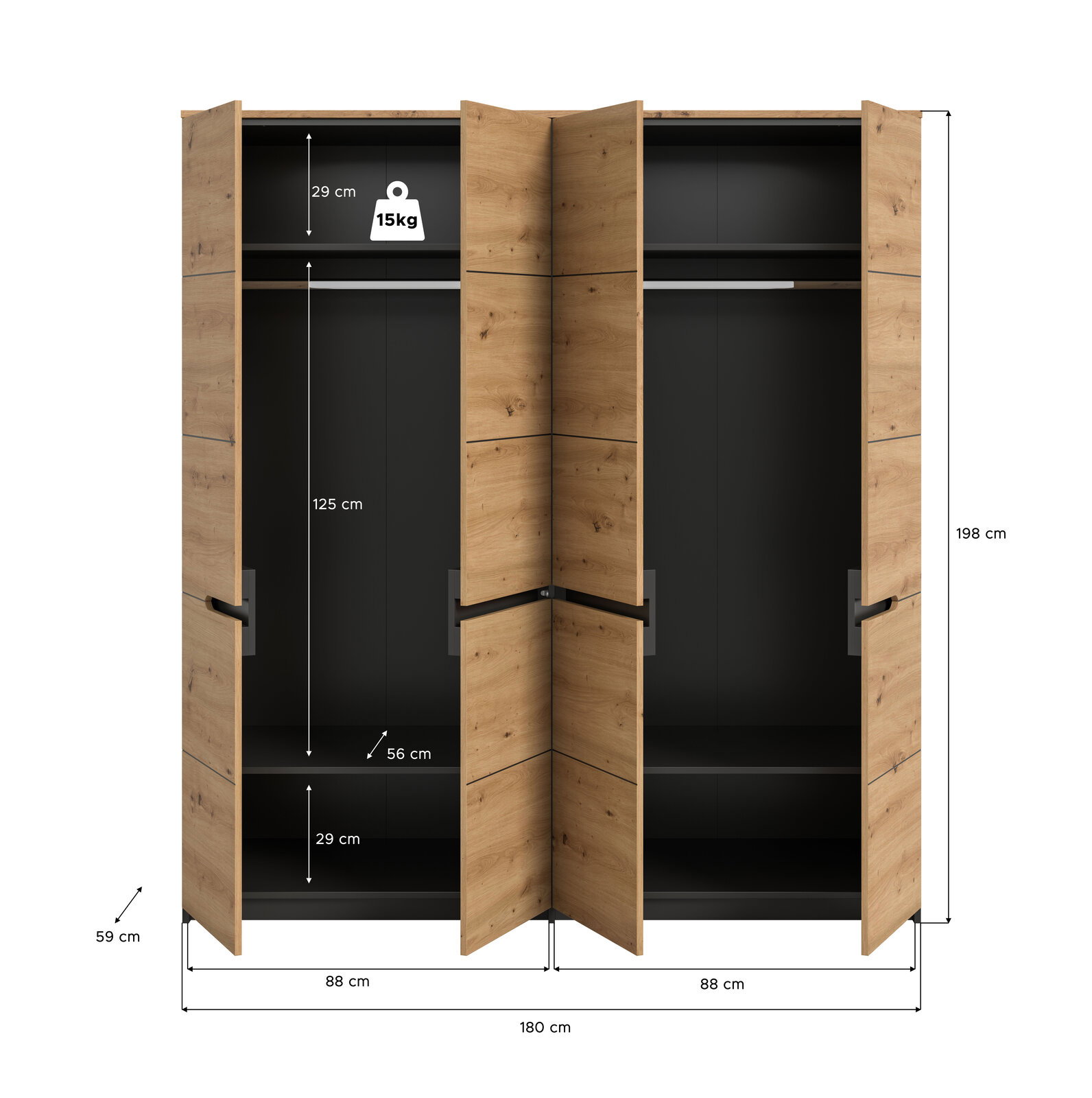 Geöffneter Kleiderschrank in Holzoptik mit schwarzem Innenraum, zwei Abteilen und Maßangaben (B 180 cm, H 198 cm, T 59 cm), Frontansicht.
