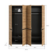 Geöffneter Kleiderschrank in Holzoptik mit schwarzem Innenraum, zwei Abteilen und Maßangaben (B 180 cm, H 198 cm, T 59 cm), Frontansicht.