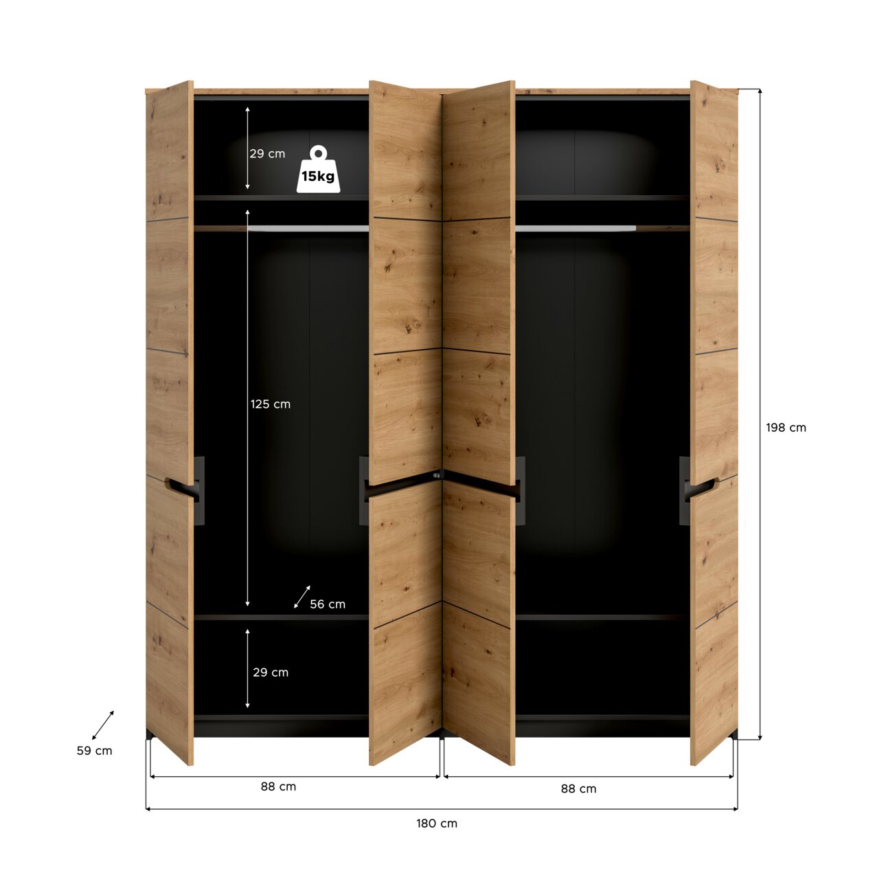 Geöffneter Kleiderschrank in Holzoptik mit schwarzem Innenraum, zwei Abteilen und Maßangaben (B 180 cm, H 198 cm, T 59 cm), Frontansicht.