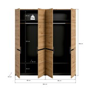 Geöffneter Kleiderschrank in Holzoptik mit schwarzem Innenraum, zwei Abteilen und Maßangaben (B 180 cm, H 198 cm, T 59 cm), Frontansicht.