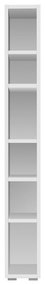 Weißes, hohes Regal mit fünf offenen Fächern, frontal betrachtet.