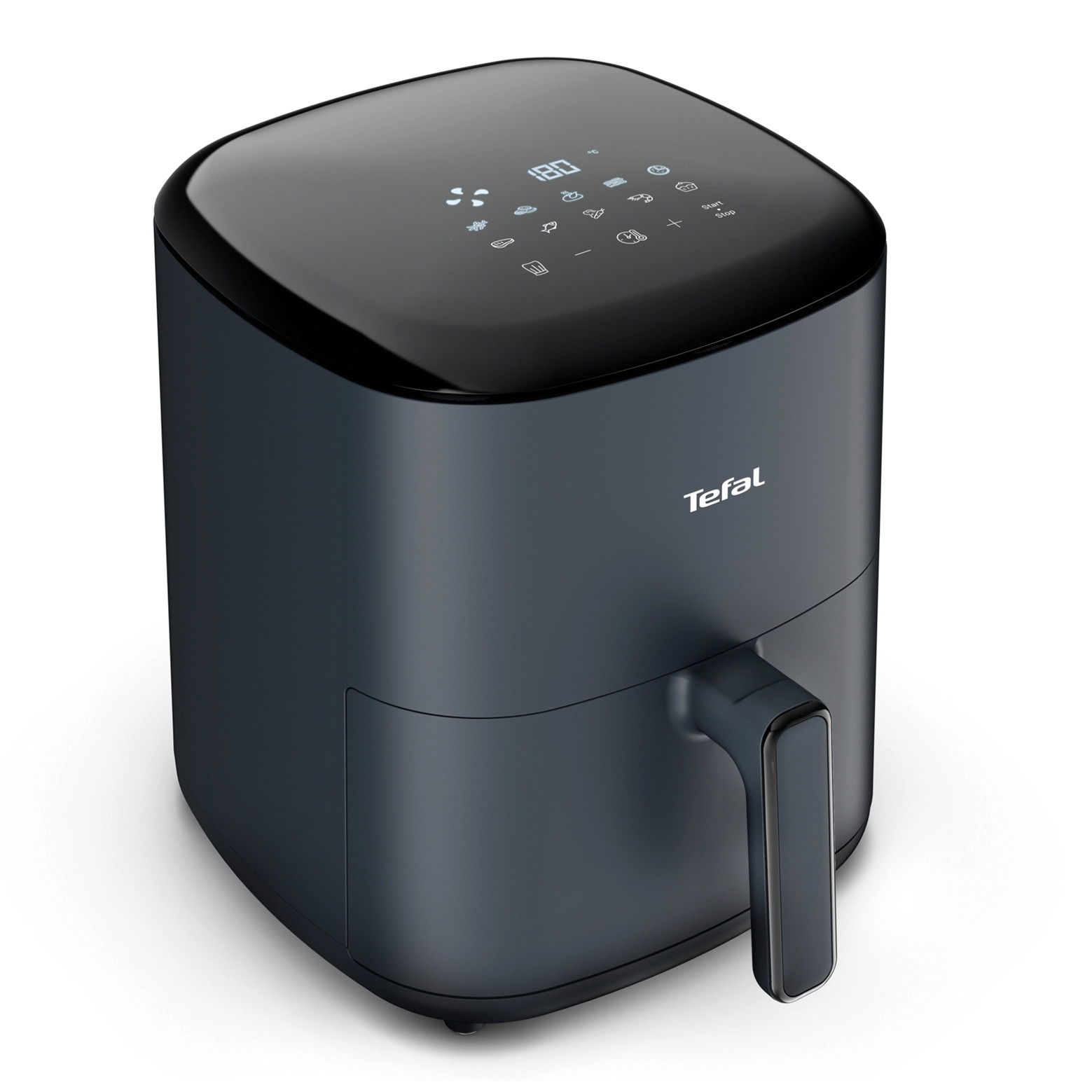 Schwarze Heißluftfritteuse Tefal Easy Fry Max mit digitalem Display, seitliche Perspektive