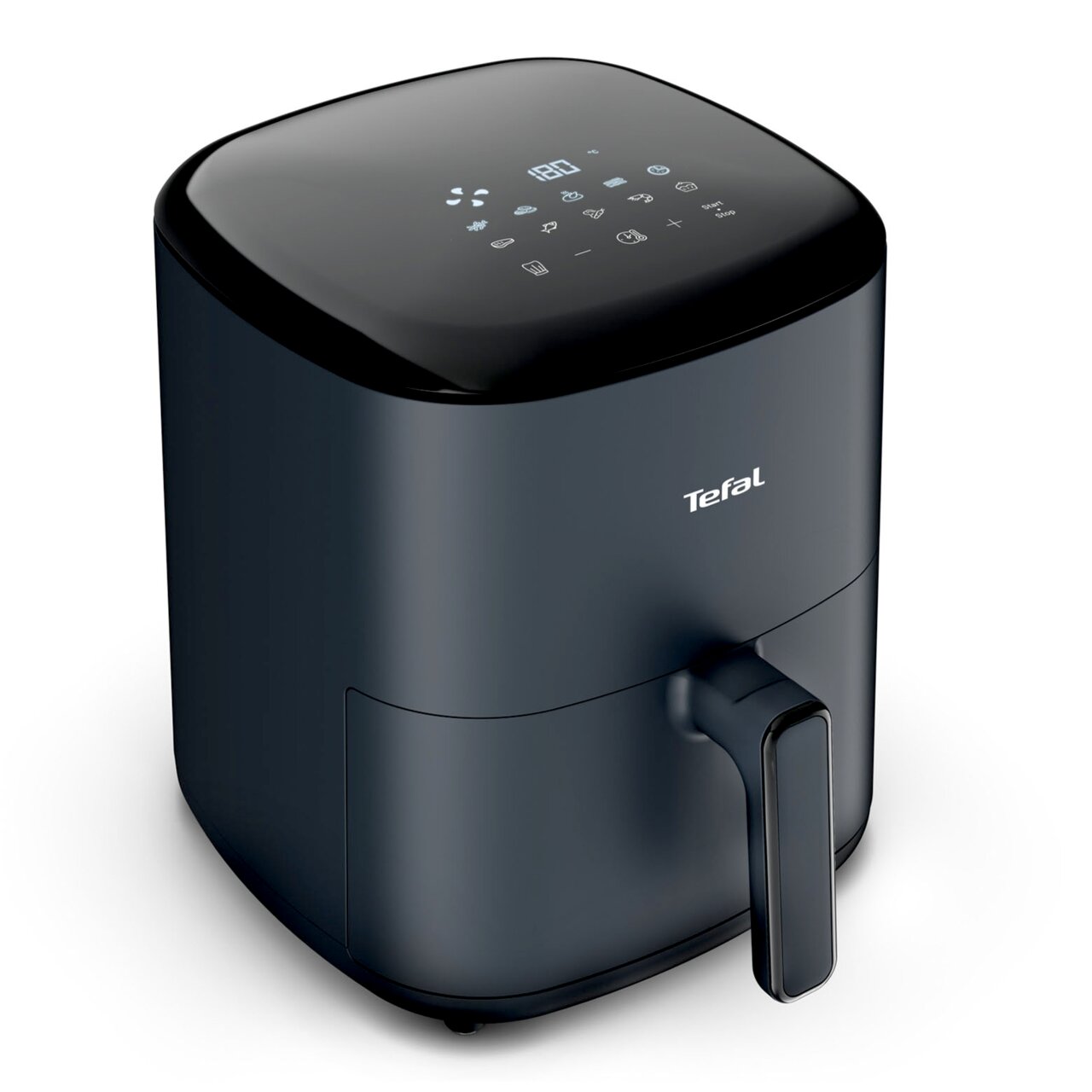 Schwarze Heißluftfritteuse Tefal Easy Fry Max mit digitalem Display, seitliche Perspektive