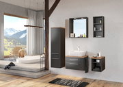 Modernes Badezimmer mit Spiegelpaneel, dunklen Schränken und Waschbecken aus der Perspektive eines hellen Raumes mit Bergblick.