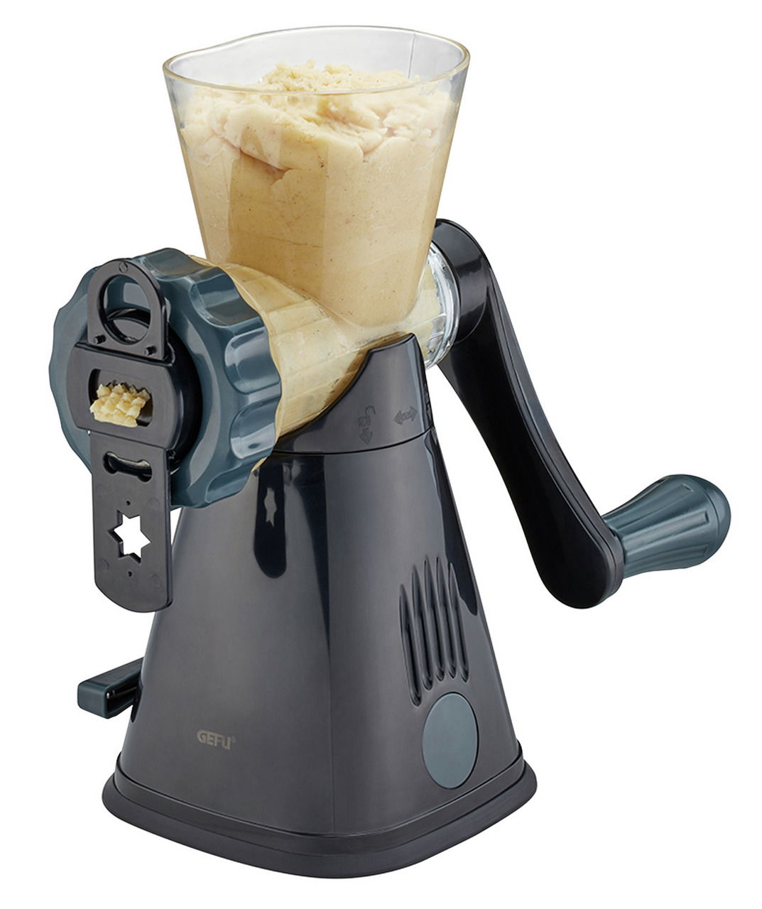 Fleischwolf METO in seitlicher Perspektive mit Handkurbel und gefülltem Behälter