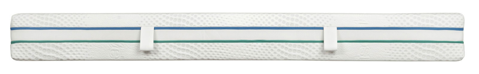 Seitenansicht einer Matratze mit blauen und grünen Streifen, Größe 180x200, fest bis extra fest.