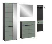 Modernes Flur-Garderoben-Set in Anthrazit und Salbeigrün mit hohem Schrank, Kommode, Wandspiegel und Garderobenpaneel mit Ablage und Haken, freigestellt auf weißem Hintergrund, Perspektive: frontale Ansicht mit leichter Schrägansicht