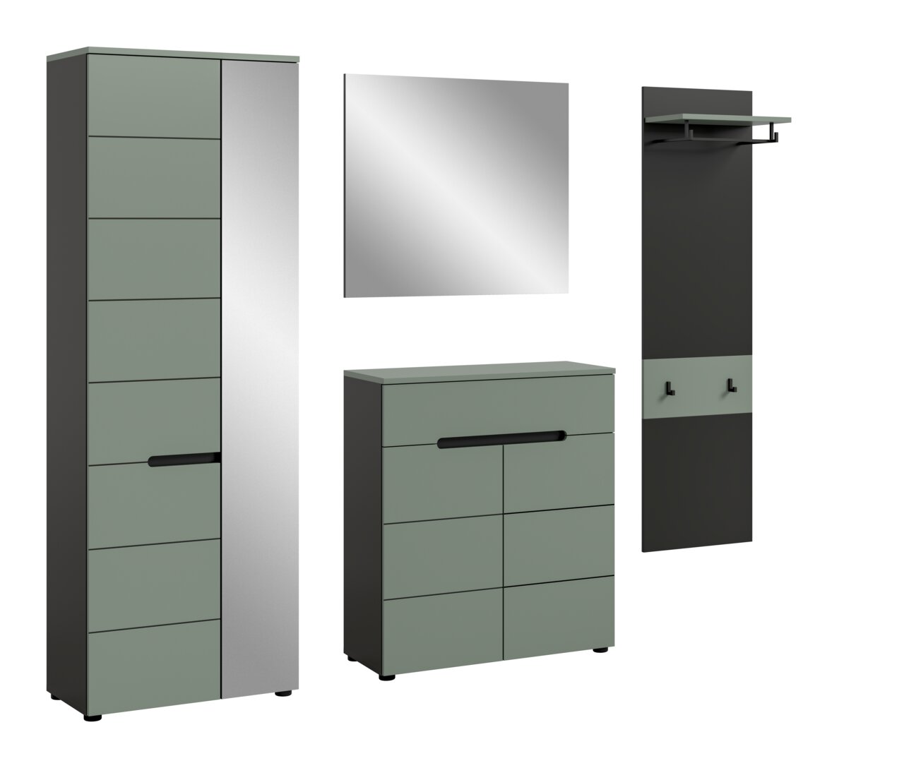 Modernes Flur-Garderoben-Set in Anthrazit und Salbeigrün mit hohem Schrank, Kommode, Wandspiegel und Garderobenpaneel mit Ablage und Haken, freigestellt auf weißem Hintergrund, Perspektive: frontale Ansicht mit leichter Schrägansicht