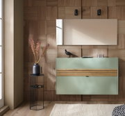 Garderoben-Set in Taupegrün mit modernem Design, bestehend aus einem hängenden Schrank mit Holzdetails und einem hohen Beistelltisch mit Vase, aus der Perspektive von vorne betrachtet.