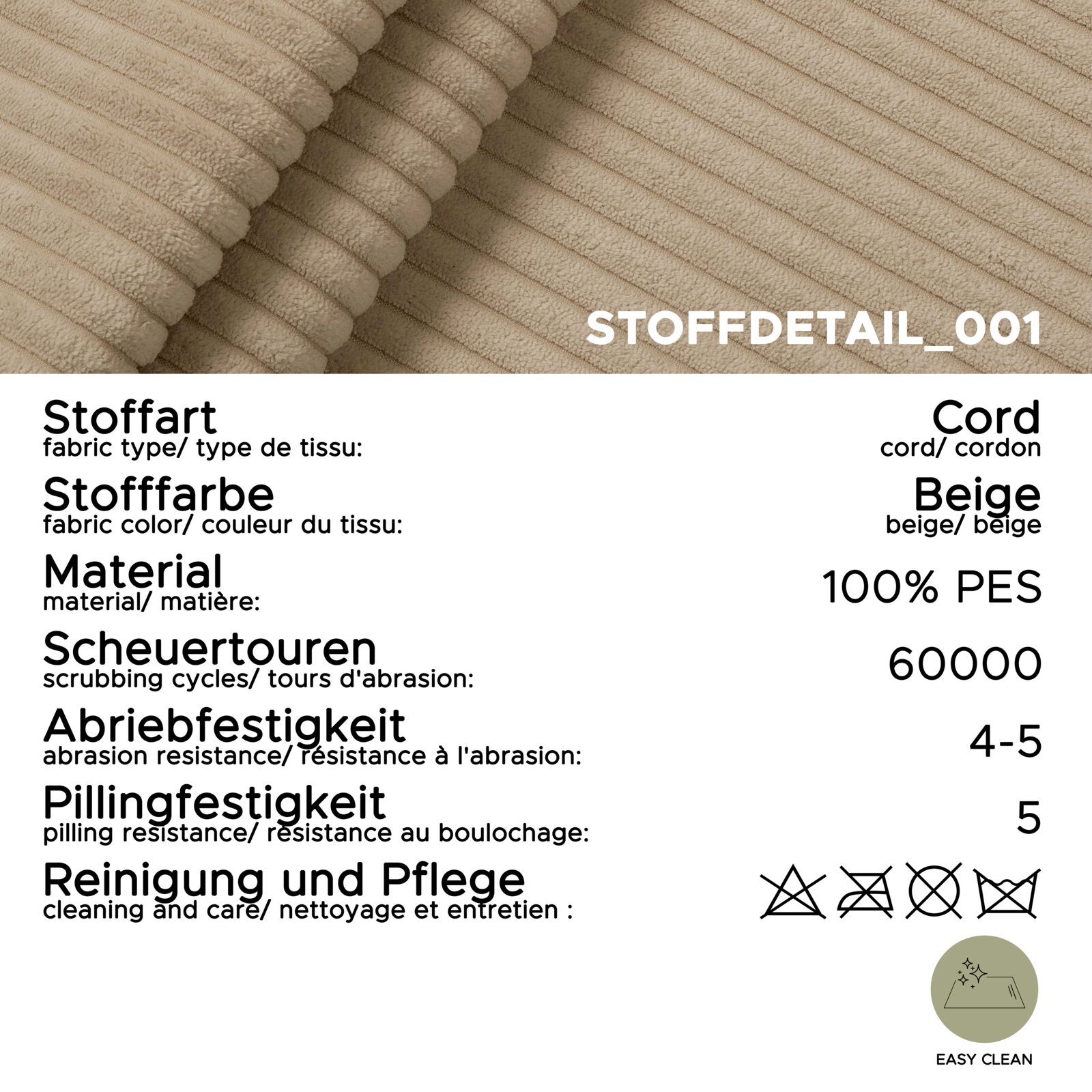 Beiger Cordstoff mit 100% PES, geeignet für Sofa L-Form rechts, Nahaufnahme