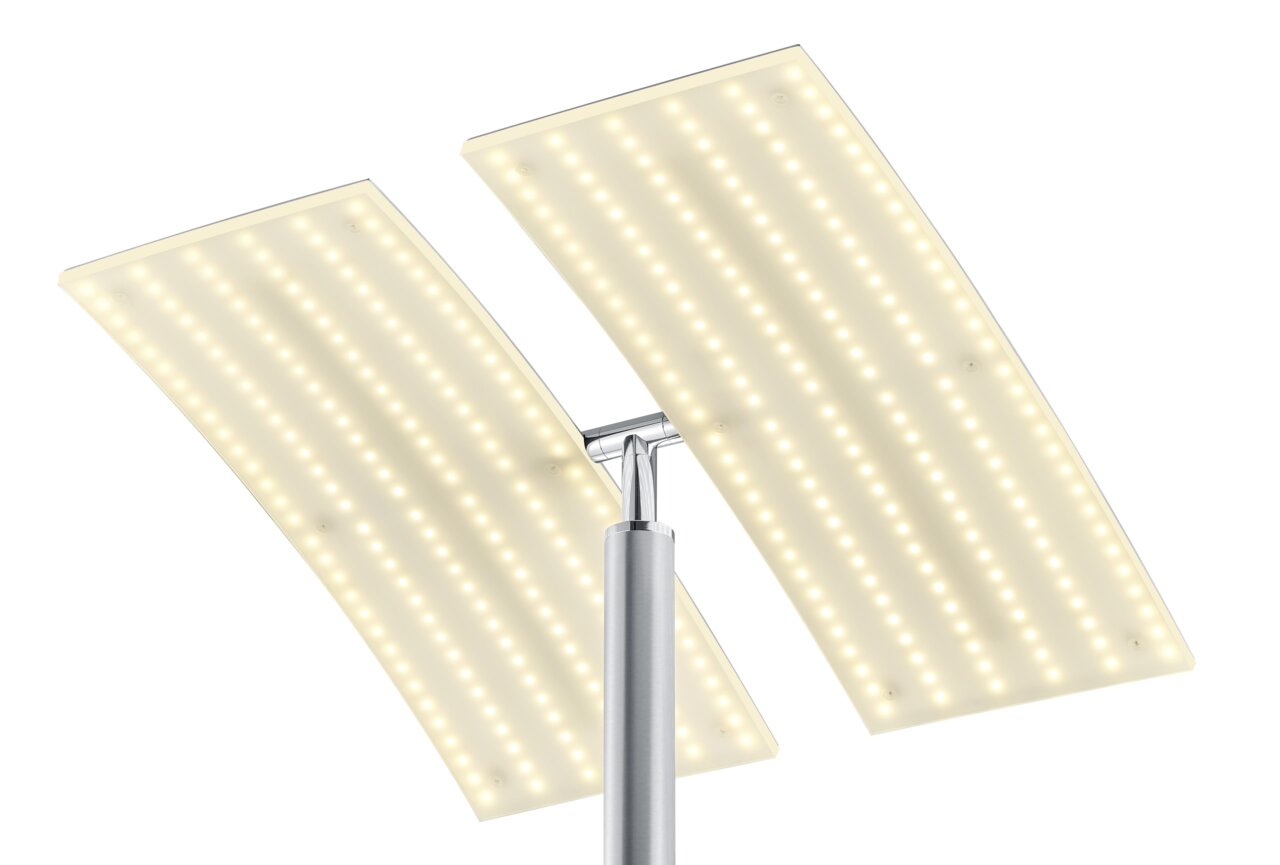 Nahaufnahme der Stehleuchte ANDY mit zwei rechteckigen, leuchtenden LED-Panels in modernem Design.