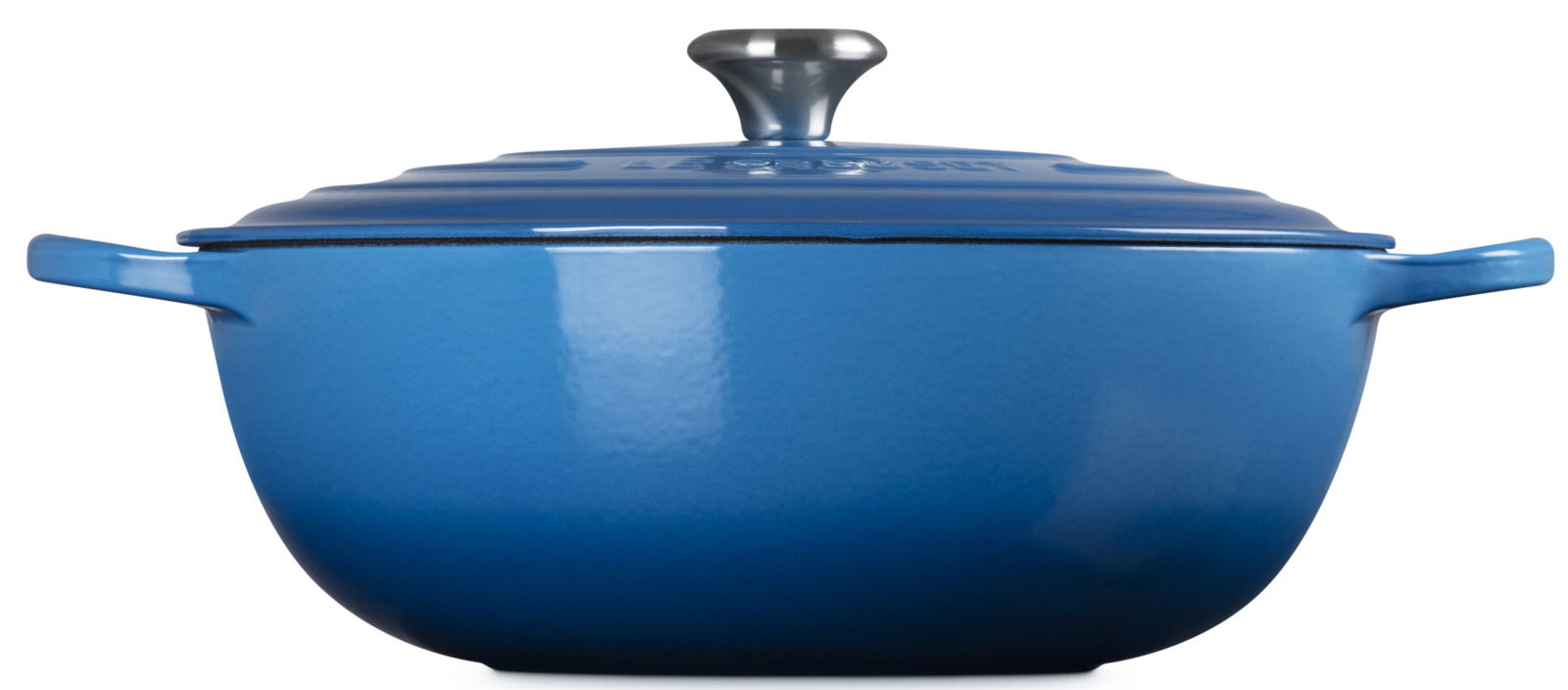 Blauer gusseiserner Bräter mit Deckel, seitliche Perspektive