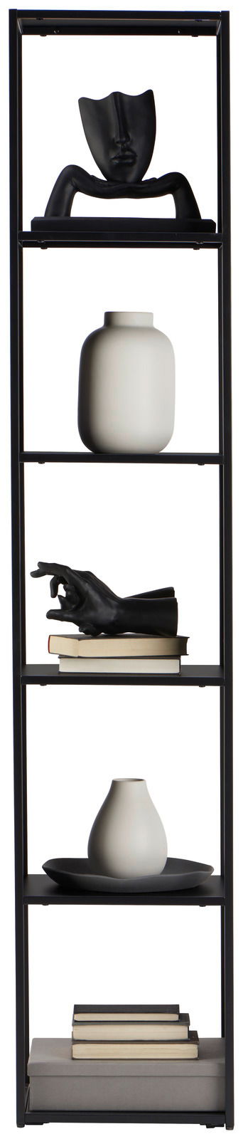 Carryhome Regal ERIK Schwarzes Metallregal mit fünf Ebenen, dekoriert mit modernen Skulpturen, Vasen und Büchern, frontal betrachtet.