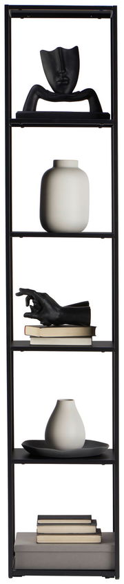 Schwarzes Metallregal mit fünf Ebenen, dekoriert mit modernen Skulpturen, Vasen und Büchern, frontal betrachtet.