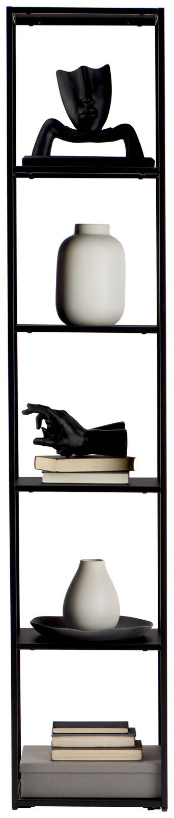 Carryhome Regal ERIK Schwarzes Metallregal mit fünf Ebenen, dekoriert mit modernen Skulpturen, Vasen und Büchern, frontal betrachtet.
