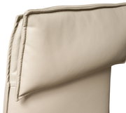 Nahaufnahme der Rückenlehne eines beigen Chefsessels aus Leder, seitliche Perspektive