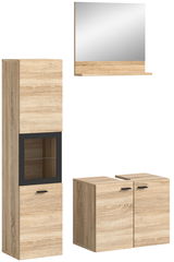 Badkombination aus Holzoptik mit Spiegelschrank, hohem Schrank mit Glaseinsatz und Unterschrank, frontal betrachtet.