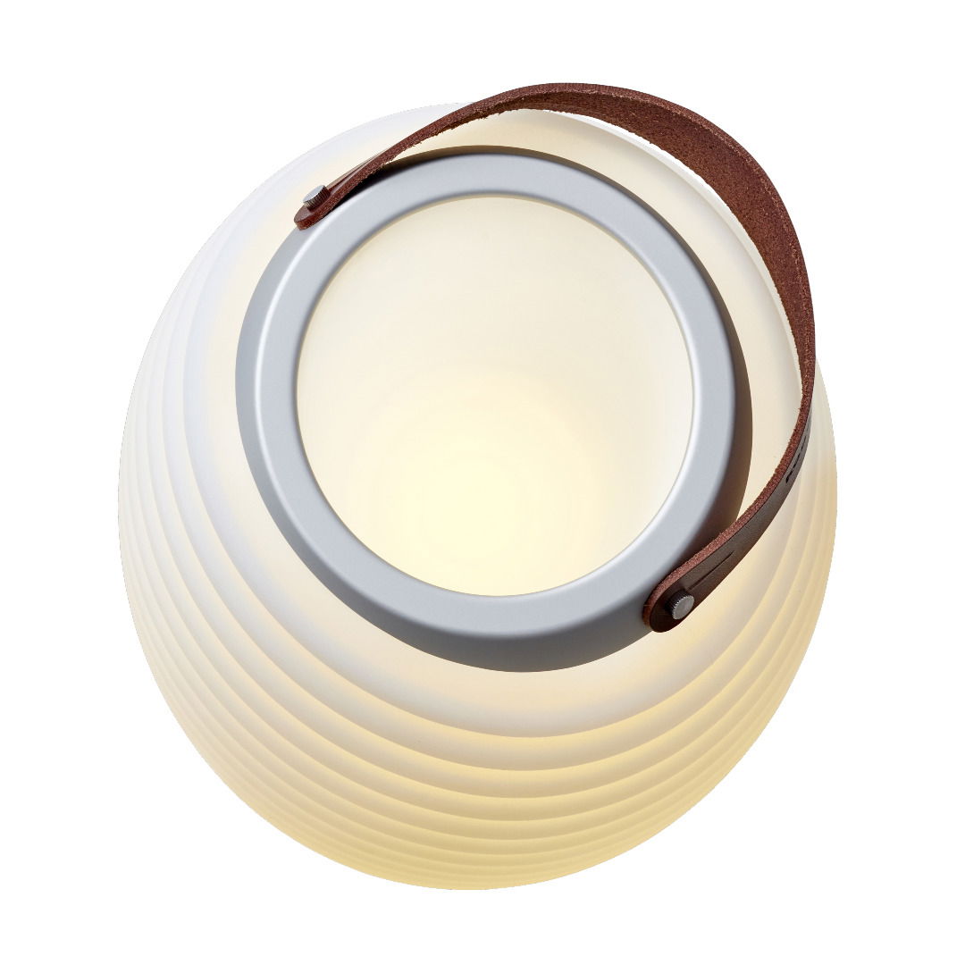 Obenansicht einer runden, tragbaren Akku-Leuchte mit Ledergriff und sanftem LED-Licht.