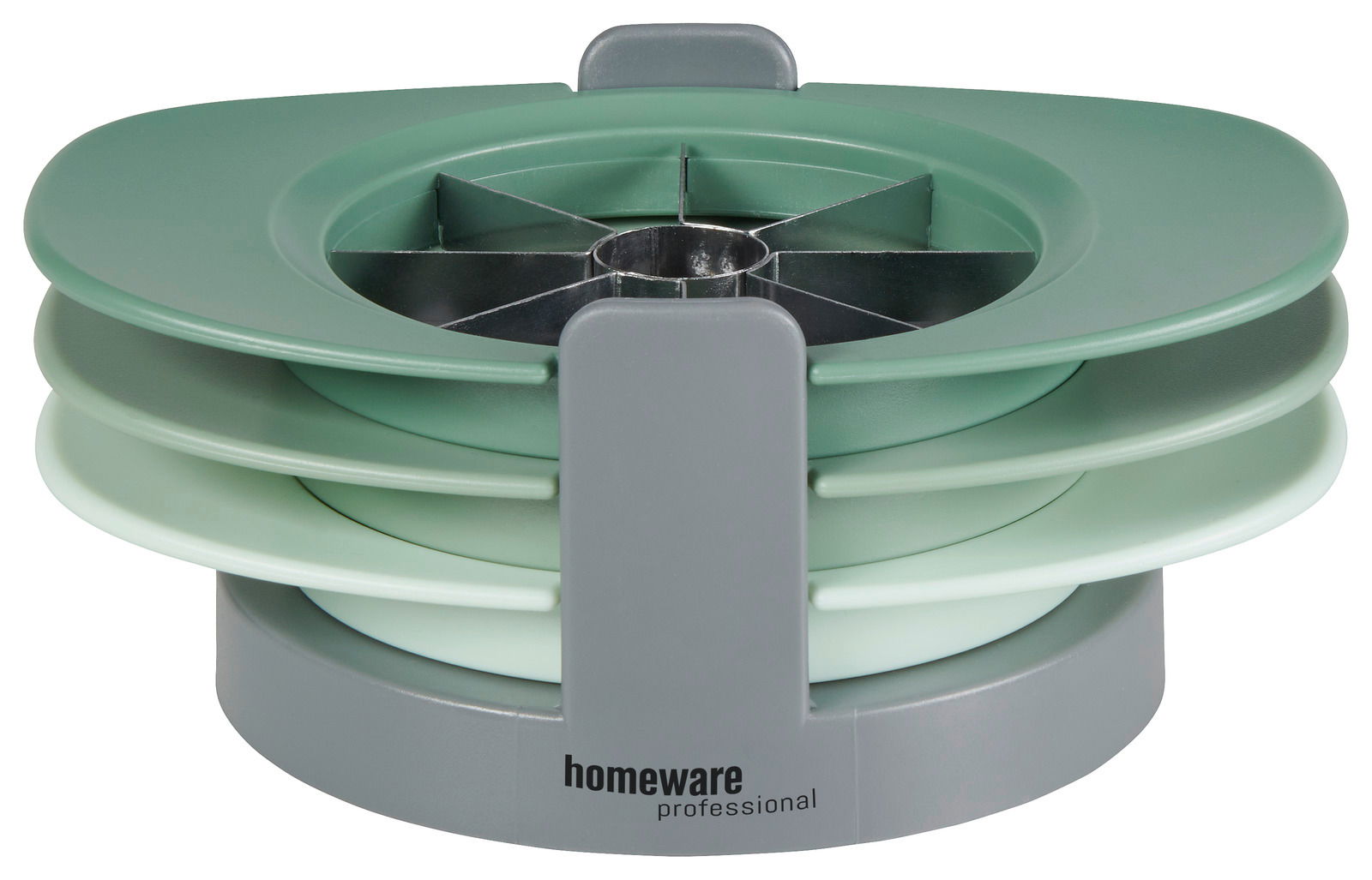 Apfelteiler in seitlicher Perspektive mit grünem und grauem Design, ideal zum einfachen Schneiden von Äpfeln.