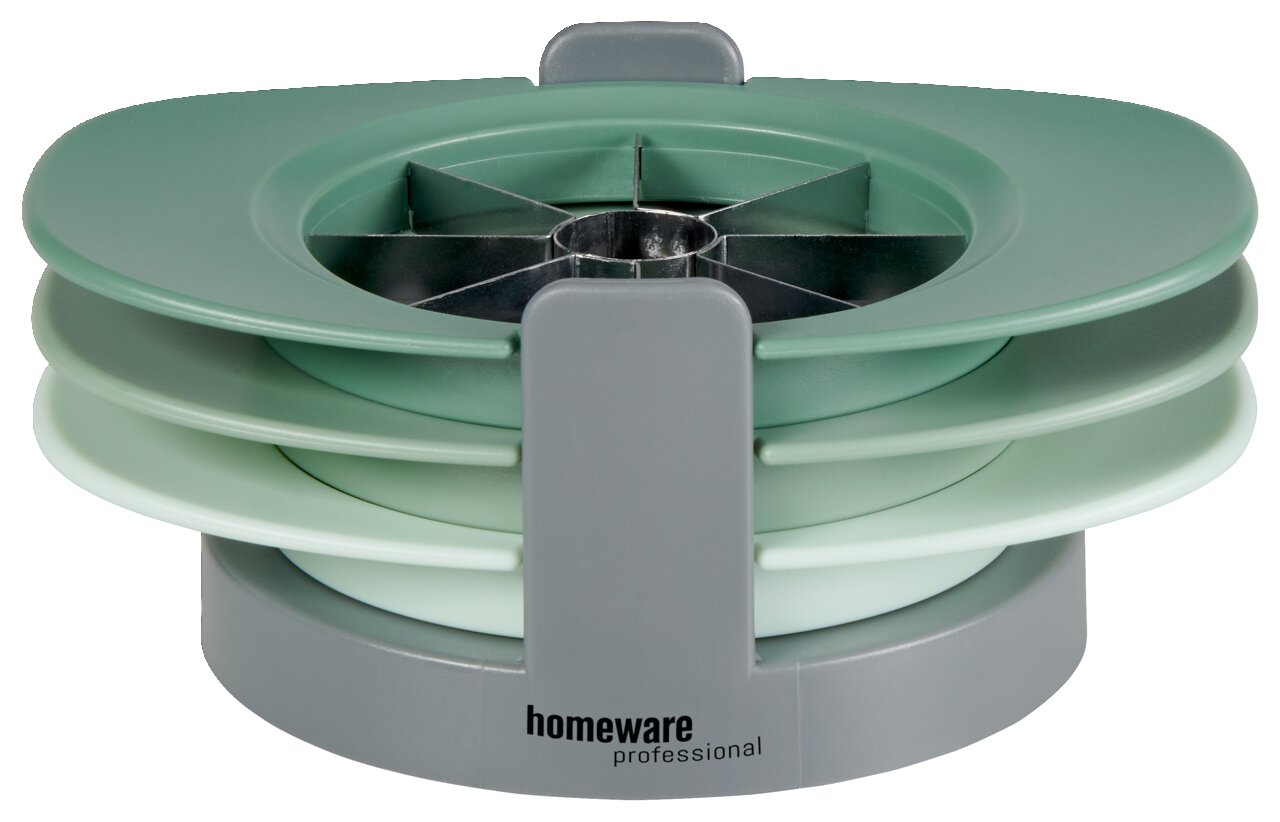 Homeware Apfelteiler 4er-Set PROFESSIONAL Apfelteiler in seitlicher Perspektive mit grünem und grauem Design, ideal zum einfachen Schneiden von Äpfeln.