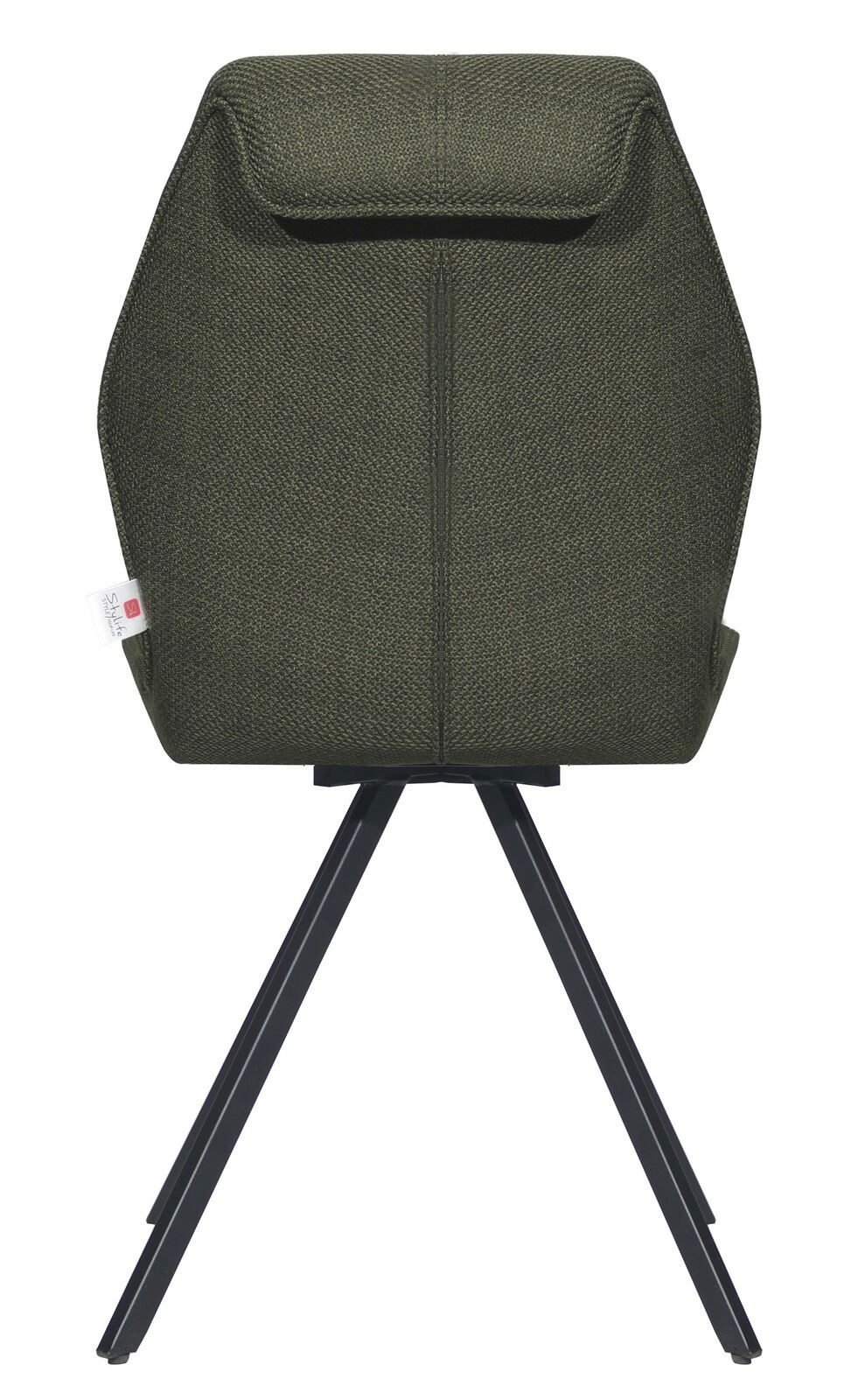 Rückansicht eines modernen Stuhls mit grünem Stoffbezug und schwarzen Metallbeinen.
