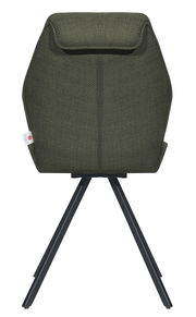 Rückansicht eines modernen Stuhls mit grünem Stoffbezug und schwarzen Metallbeinen.