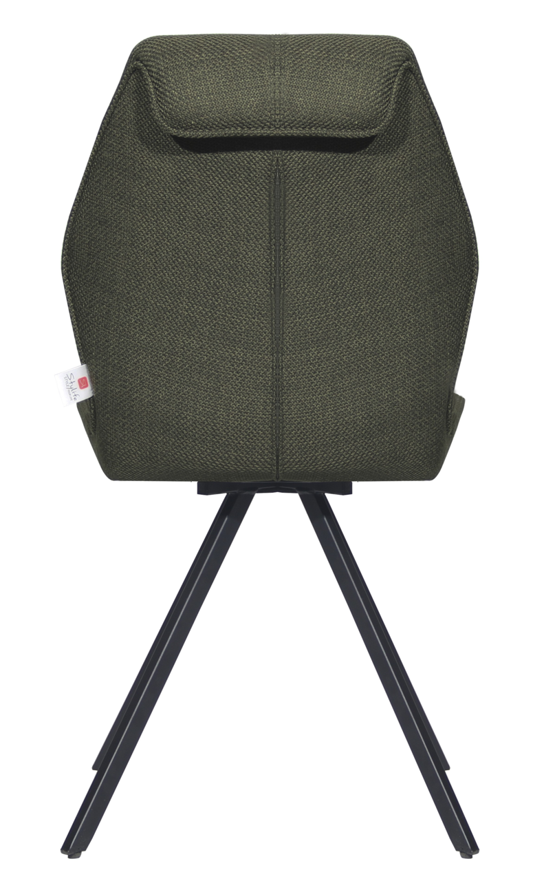 Rückansicht eines modernen Stuhls mit grünem Stoffbezug und schwarzen Metallbeinen.