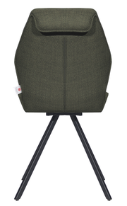 Rückansicht eines modernen Stuhls mit grünem Stoffbezug und schwarzen Metallbeinen.