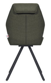 Rückansicht eines modernen Stuhls mit grünem Stoffbezug und schwarzen Metallbeinen.