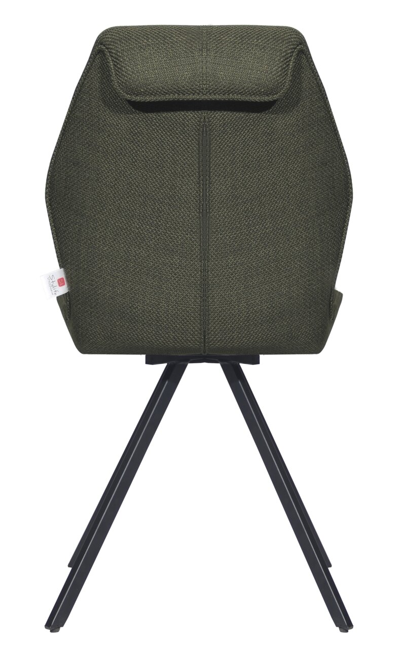 Rückansicht eines modernen Stuhls mit grünem Stoffbezug und schwarzen Metallbeinen.
