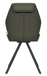Achterkant van een moderne stoel met groene stoffen bekleding en zwarte metalen poten.