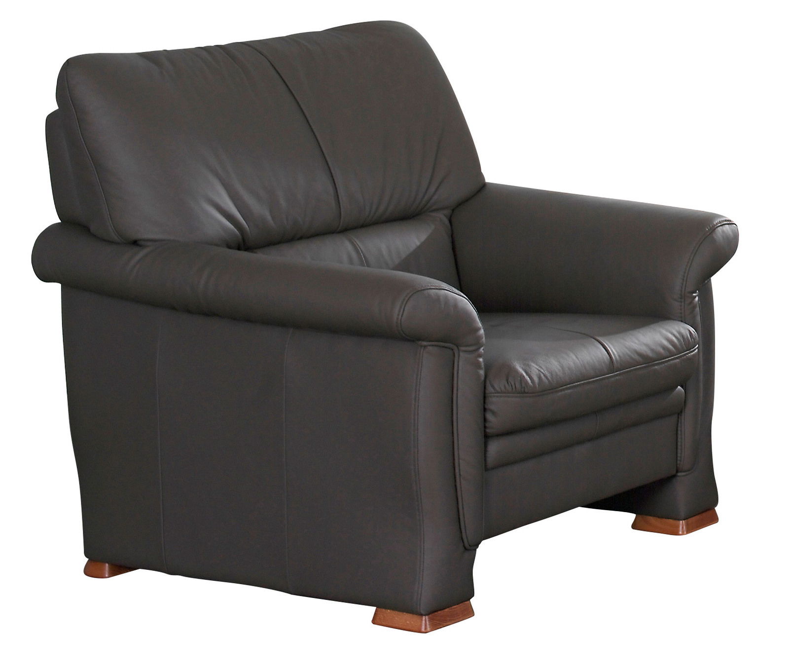 Bequemer brauner Ledersessel mit Holzfüßen, seitliche Perspektive