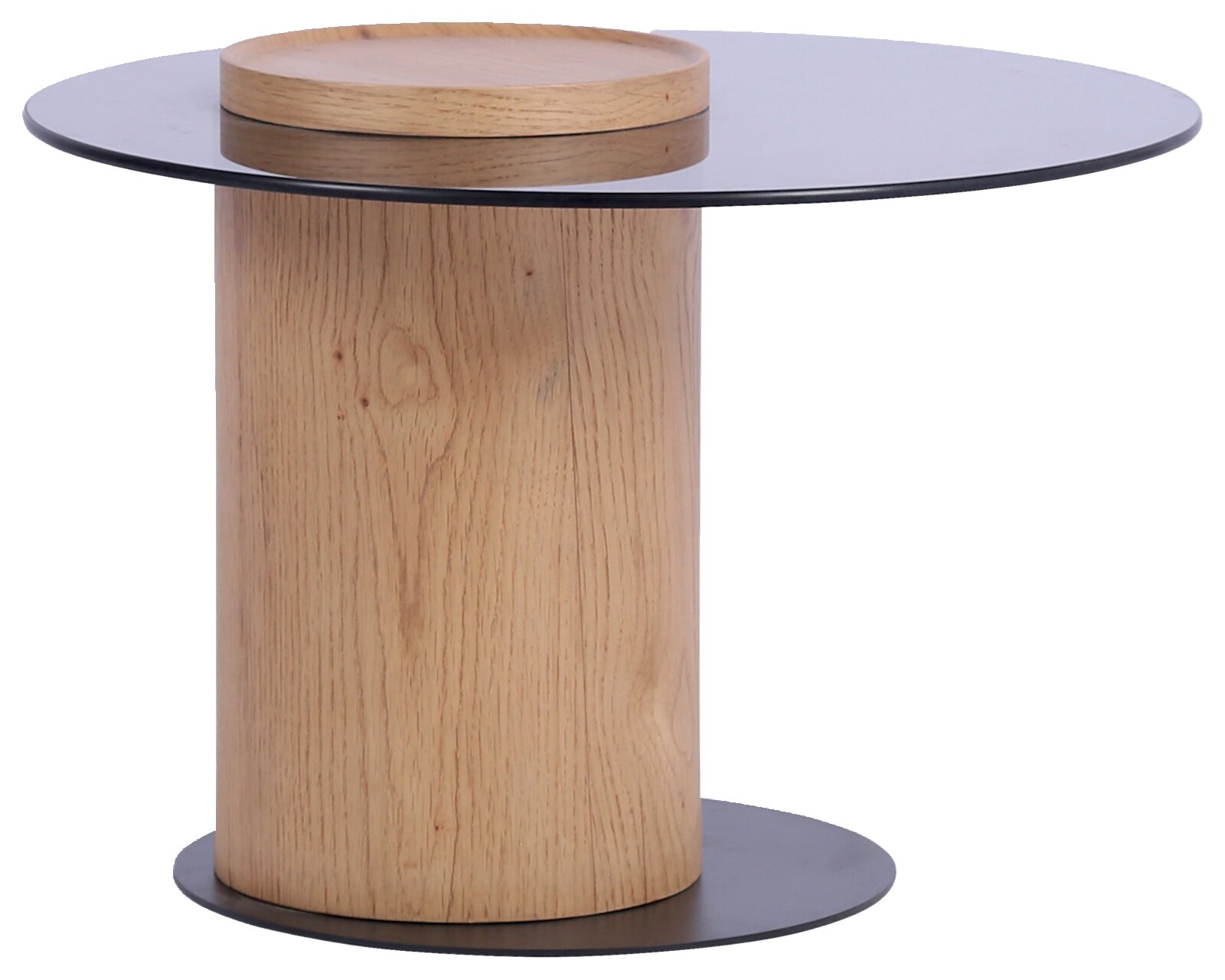 Moderne bijzettafel met rond glazen blad en cilindrische houten voet, zijaanzicht