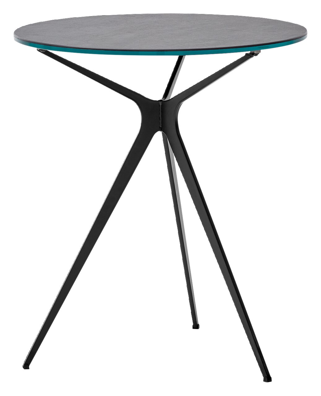Moderner Beistelltisch mit rundem Glasplatte und dreibeinigem Metallgestell, seitliche Perspektive