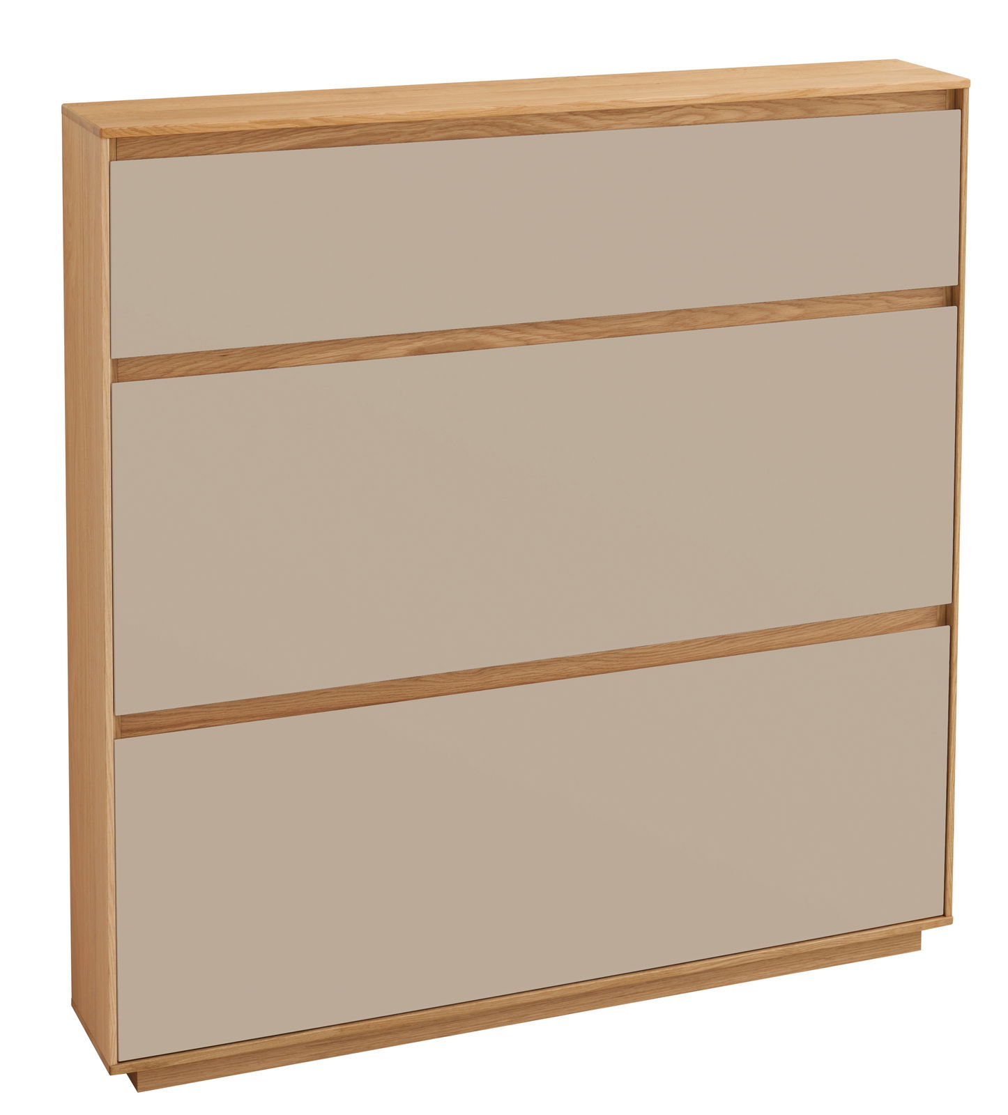 Moderner Schuhschrank aus Holz mit drei Klappen, frontal leicht von der Seite betrachtet.