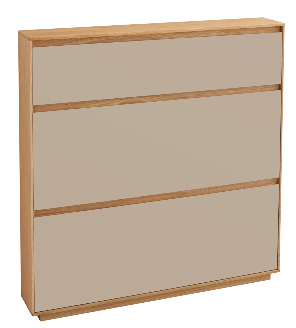 Moderner Schuhschrank aus Holz mit drei Klappen, frontal leicht von der Seite betrachtet.