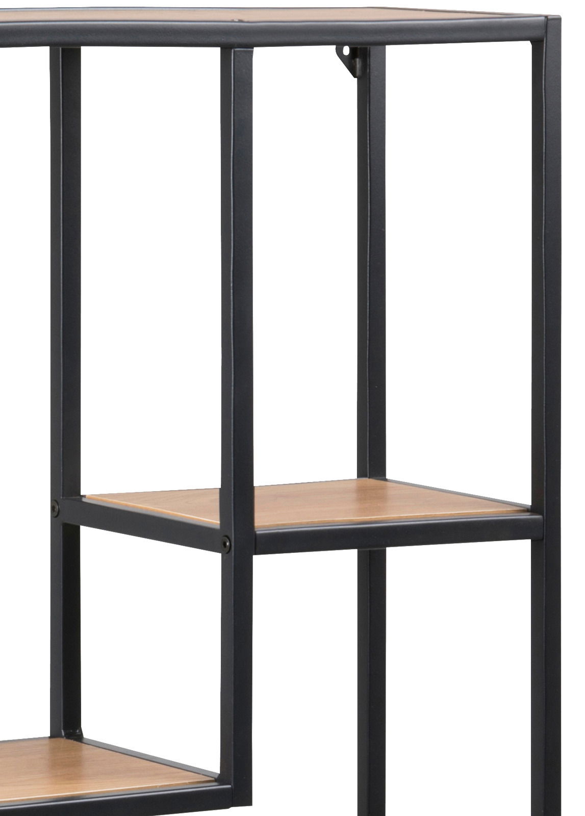 Modernes Wandregal mit schwarzem Metallrahmen und Holzböden, seitliche Perspektive