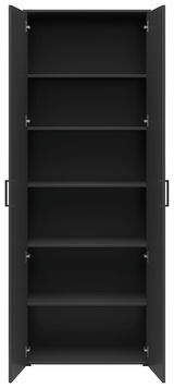 Schwarzer Mehrzweckschrank mit fünf Einlegeböden, geöffnete Türen, Frontalansicht