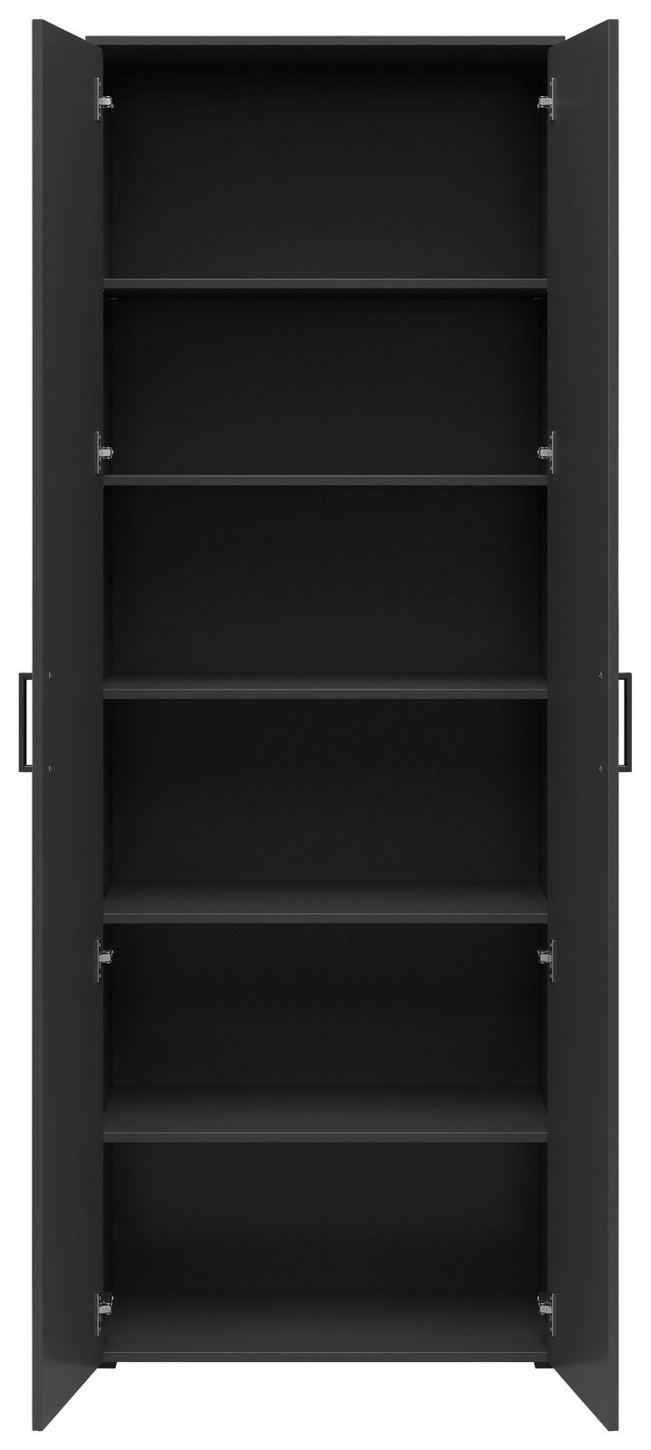Schwarzer Mehrzweckschrank mit fünf Einlegeböden, geöffnete Türen, Frontalansicht