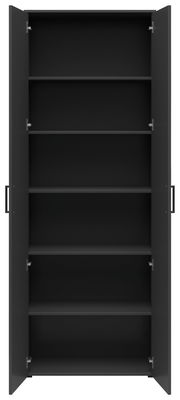 Schwarzer Mehrzweckschrank mit fünf Einlegeböden, geöffnete Türen, Frontalansicht