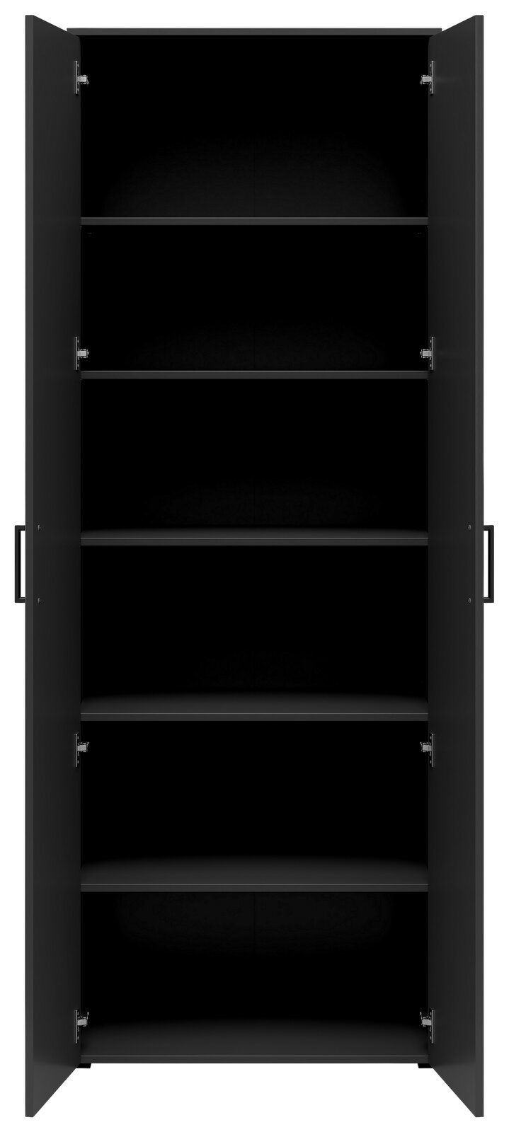 Schwarzer Mehrzweckschrank mit fünf Einlegeböden, geöffnete Türen, Frontalansicht