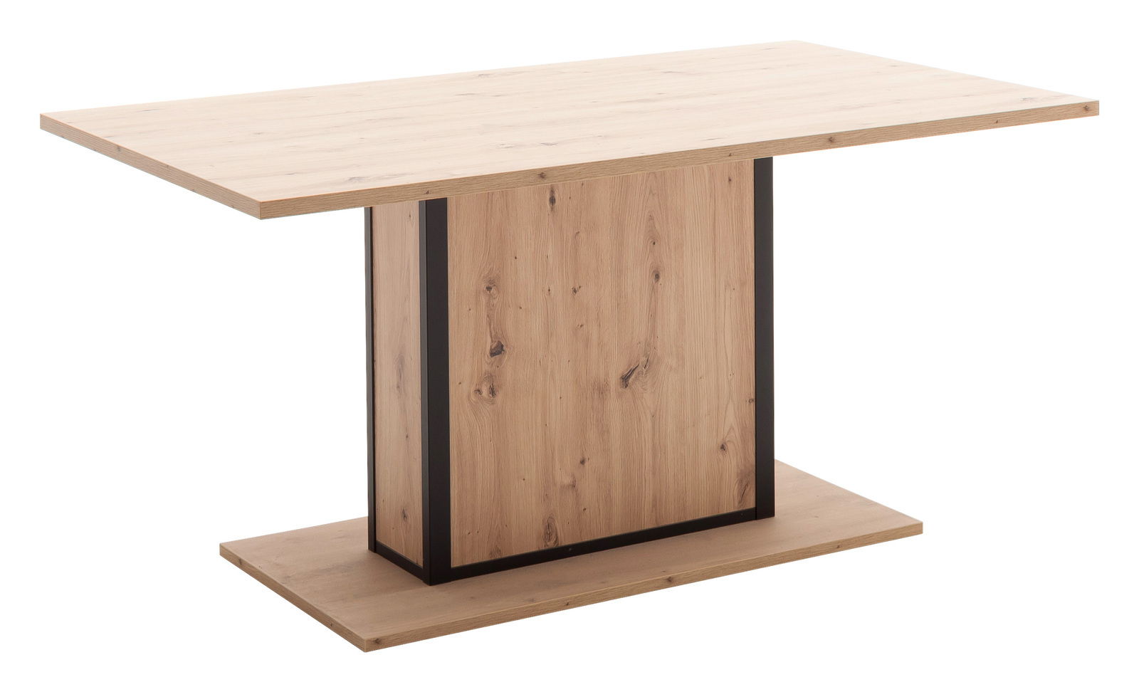 Moderner Esstisch aus hellem Holz mit schwarzem Rahmen, seitliche Perspektive