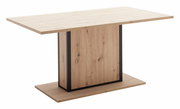 Moderner Esstisch aus hellem Holz mit schwarzem Rahmen, seitliche Perspektive