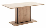 Moderner Esstisch aus hellem Holz mit schwarzem Rahmen, seitliche Perspektive