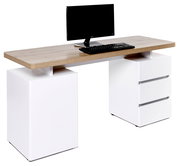 Moderner Schreibtisch mit Holzplatte und weißen Schubladen, seitliche Perspektive