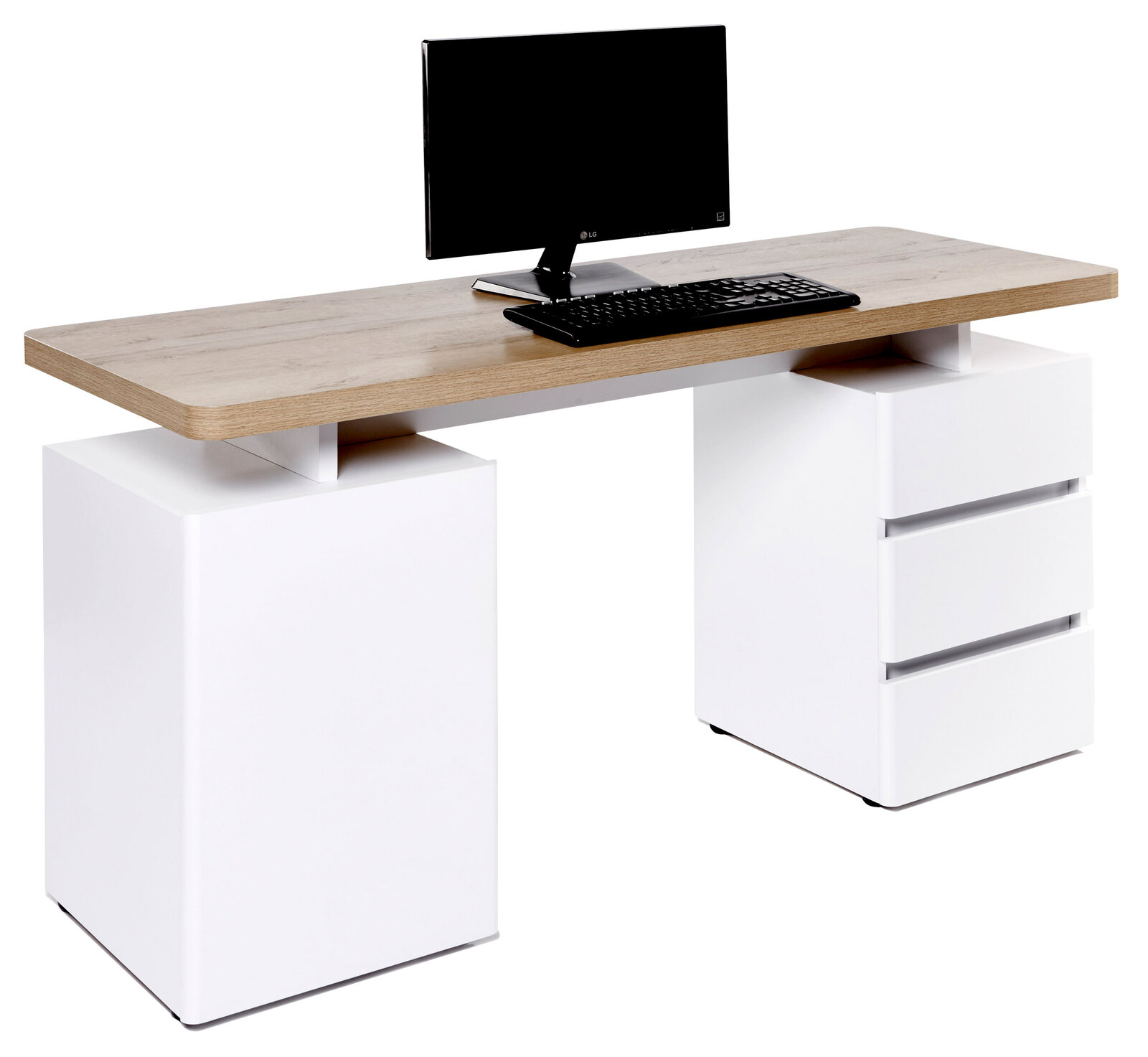 Moderner Schreibtisch mit Holzplatte und weißen Schubladen, seitliche Perspektive