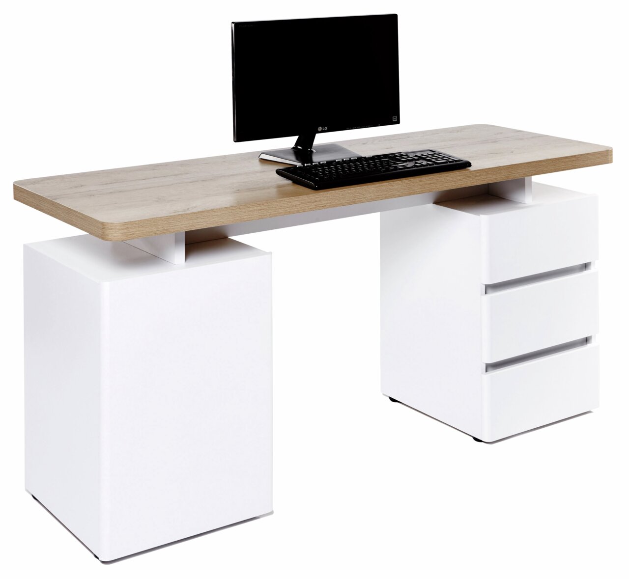 Moderner Schreibtisch mit Holzplatte und weißen Schubladen, seitliche Perspektive